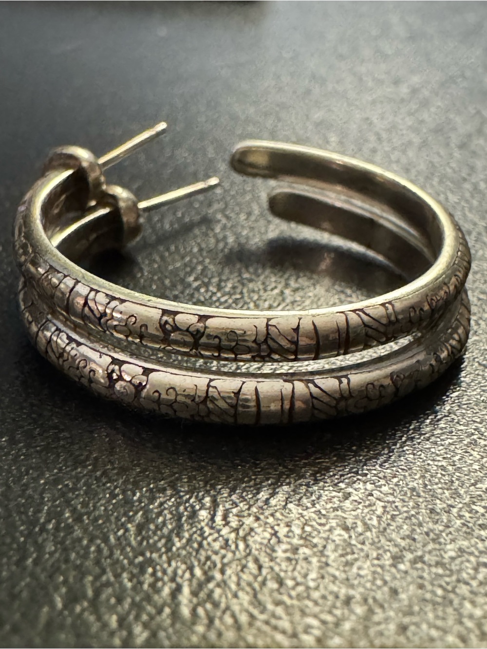 Silver Tone Engraved Hoop Earrings 30mm Antiqued Etched Boho Statement Hoops
